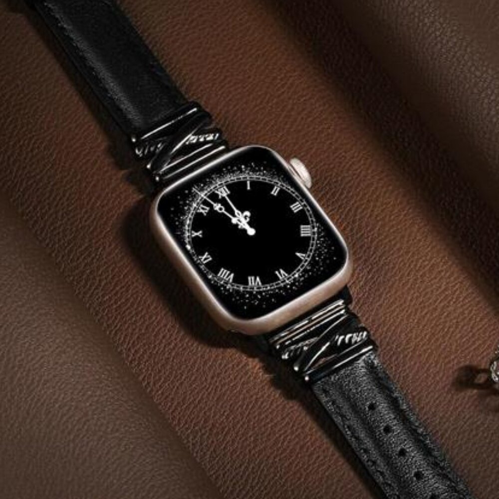 NEW Black Leather Slim Fashion Apple Watch Band - Picture 3 of 6